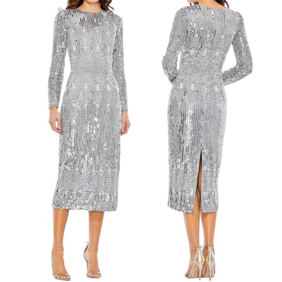 Mac Duggal Embellished Long Sleeve Midi Dress Platinum 5576 Size 20 - Picture 1 of 13